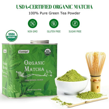 Eastign Ceremonial Matcha Powder Bulk Size (1lb/454g),Organic Ceremonial Grade Matcha,USDA Organic Matcha Tea Powder Latte,Perfect for Starbucks Latte, Shake, Smoothies & Baking& Gifts | Holiday Ready Tin