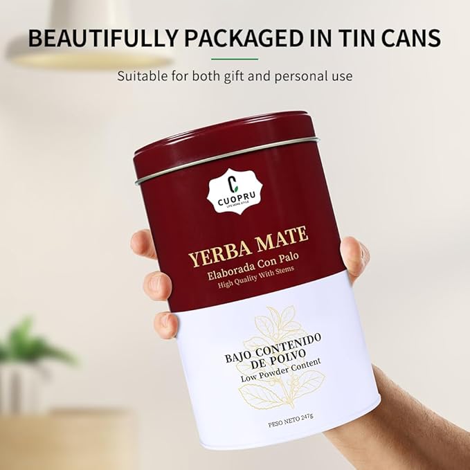 Yerba Mate, CUOPRU Suave Argentinian Mate, Low Powder, Original Leaves With Stems, Portable Storage Tea Caddy (N.W.247g)
