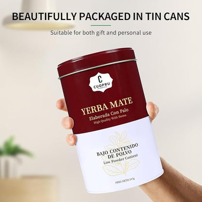 Yerba Mate, CUOPRU Suave Argentinian Mate, Low Powder, Original Leaves With Stems, Portable Storage Tea Caddy (N.W.247g)