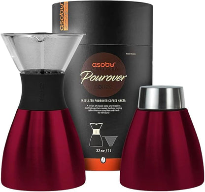 asobu Insulated Pour Over Coffee Maker (32 oz.) Double-Wall Vacuum, Stainless-Steel Filter and Take on the Go Carafe (Burgundy)