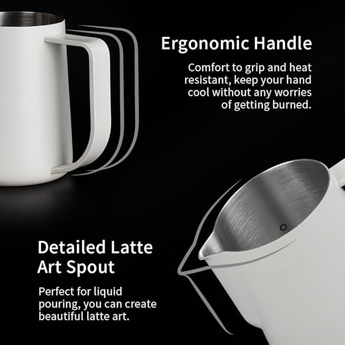 watchget Milk Frothing Pitcher 250ml/8oz Stainless Steel Espresso Steaming Pitcher Milk Coffee Cappuccino Latte Art Barista Steam Pitcher Milk Frothing Jug, White