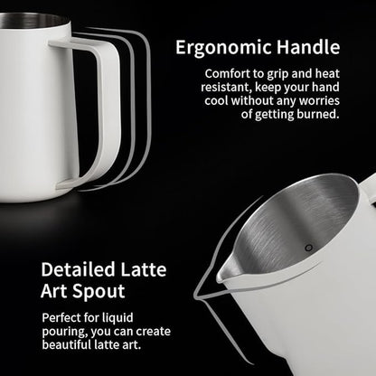 watchget Milk Frothing Pitcher 250ml/8oz Stainless Steel Espresso Steaming Pitcher Milk Coffee Cappuccino Latte Art Barista Steam Pitcher Milk Frothing Jug, White