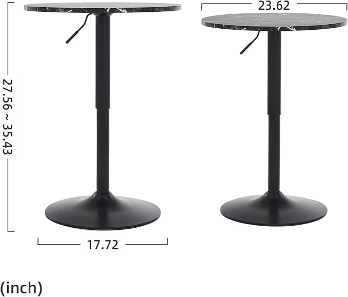 23.6" Round Bar Table, Adjustable Height, MDF Top with Metal Support, Suitable for Cafe, Kitchen Island, Counter, Black