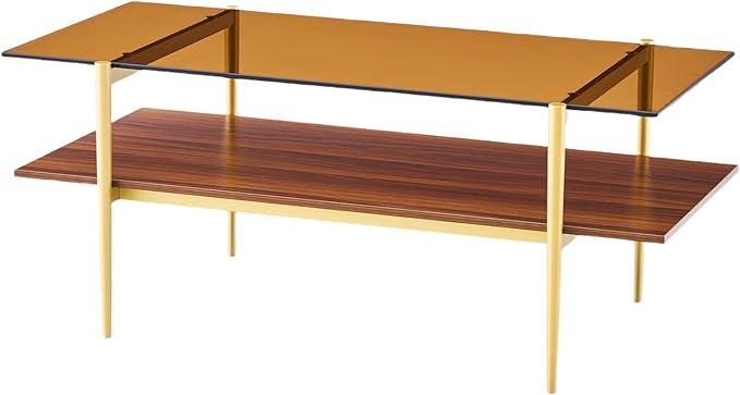 Shrine Rectangle Coffee Table, Mid-Century Modern Design, 2-Tier Structure, Amber Glass Top and Walnut MDF Shelf, 41" D x 21" W x 17" H, Sleek Conical Metal Legs with Gold Finish