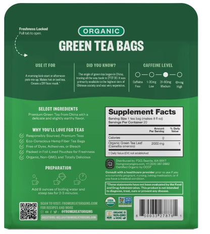 FGO Organic Green Tea, 20 Count Eco-Conscious Tea Bags, Caffeinated, Resealable Pouch, Packaging May Vary (Pack of 1)