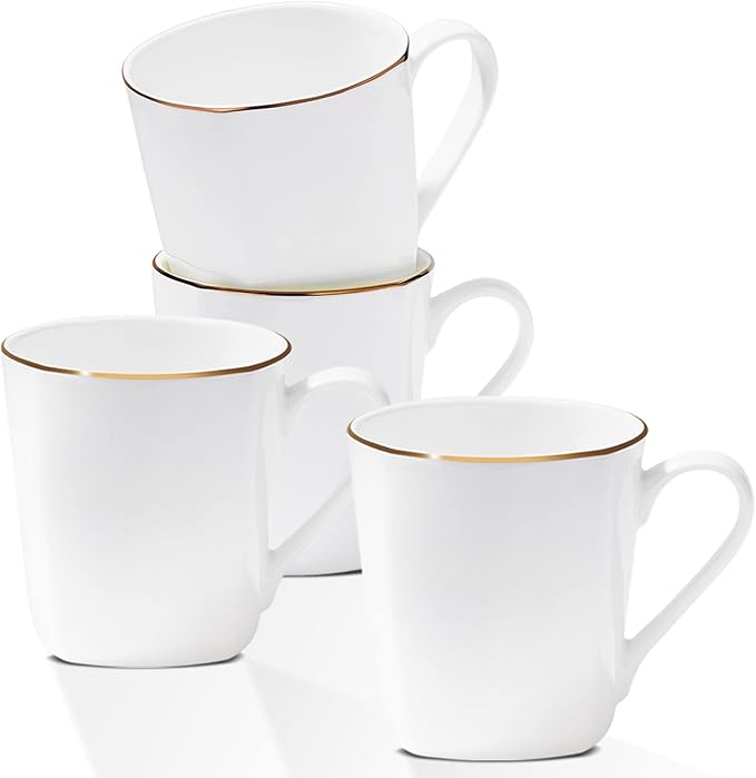 Bone China Coffee Mugs, 10oz Espresso Cups Set of 4, Lightweight Ceramic Coffee Mugs, Porcelain White Tea Cups, Latte Mugs for Women Men Moonlight, Gold Trim