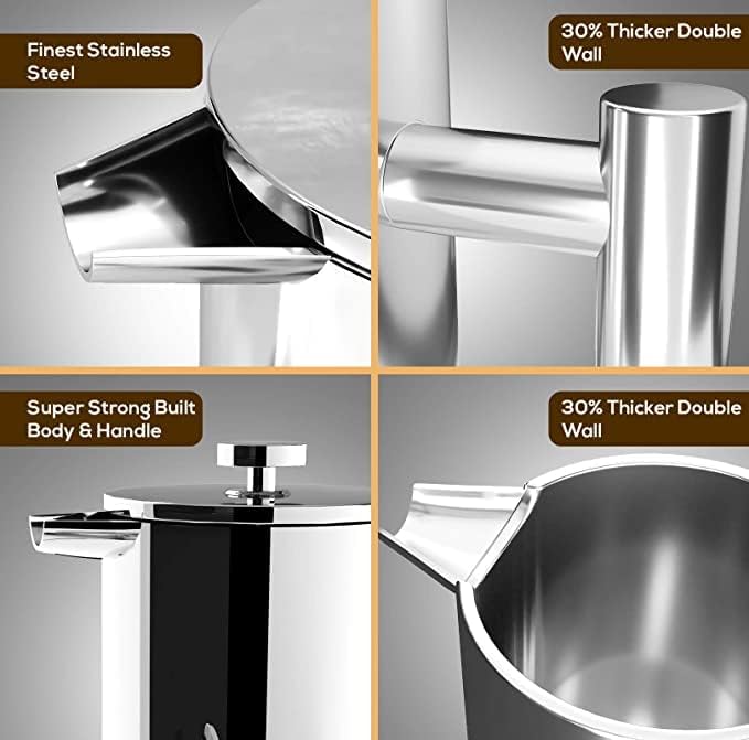 Utopia Kitchen French Press Coffee Maker, Double Wall Insulated Stainless Steel Coffee Press with 4-Level Filtration system, Includes 2 Extra Filters, Rust-Free, Dishwasher Safe (Silver, 17 Ounce)