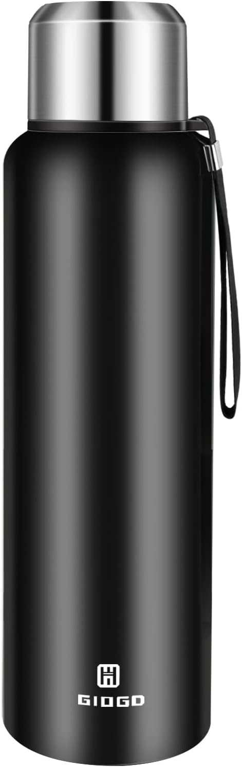Insulated vacuum Thermo Bottle 1500ml/50.7oz with cup Stainless steel coffee bottles for hot and cold drink water flask.(Black,1500ml)