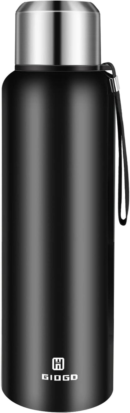 Insulated vacuum Thermo Bottle 1500ml/50.7oz with cup Stainless steel coffee bottles for hot and cold drink water flask.(Black,1500ml)