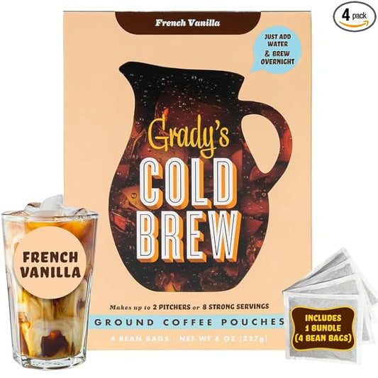 GRADY’S COLD BREW, French Vanilla, 100% Arabica Ground Coffee & Chicory Pouches, ONE Box with 4 Easy-to-Brew Bean Bags, Makes 12 drinks