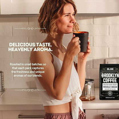 BROOKLYN COFFEE Whole Bean, Italian Dark Roast (5lb) Extra Strong, Delicious Taste, Heavenly Aroma - Fresh Bulk Coffee Beans Roasted Weekly in NYC
