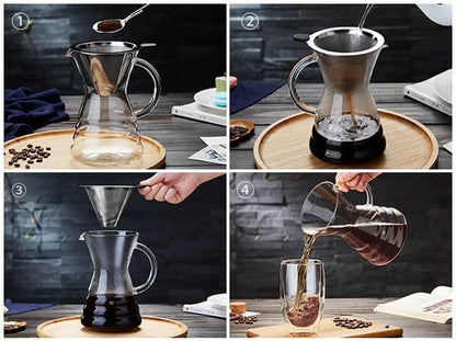 Unbreakable - Pour Over Coffee Maker with Permanent Stainless Filter 27 fl oz, Thickened Heat-Resistant Borosilicate Glass Dripper Coffee Brewer, Stovetop Safe, Ink