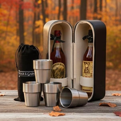 POUR & GARNISH Bourbon Whiskey & Wine Double Bottle Travel Bag with 4 Stainless Steel Double-Walled Vacuum Insulated Glasses - Makes a Great Gift!