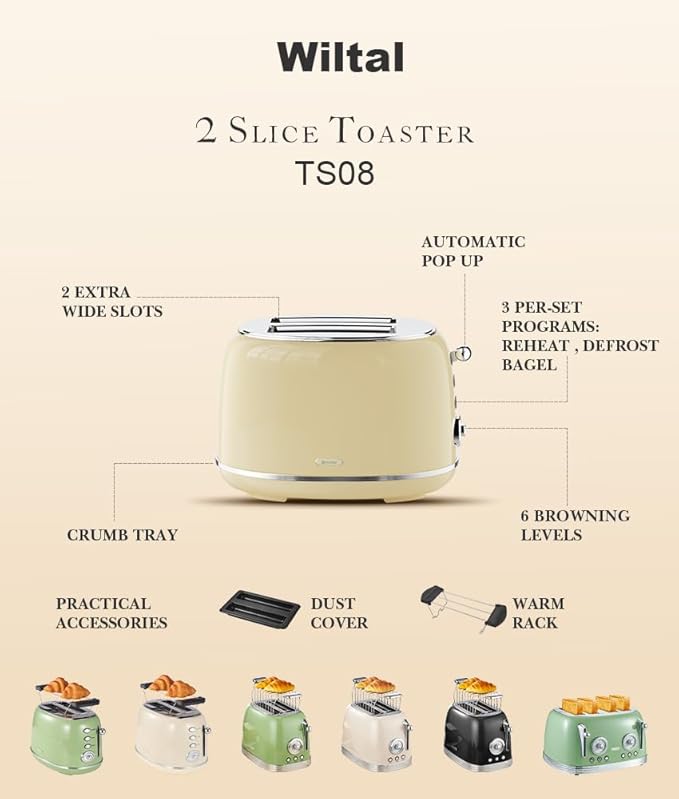 Toaster Retro 2 Slice, Vintage White Toaster with Lid, with Bread Attachment, Preheat, Defrost And Cancel Functions, 6 Browning Levels (Beige)