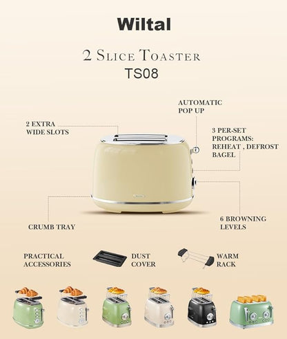 Toaster Retro 2 Slice, Vintage White Toaster with Lid, with Bread Attachment, Preheat, Defrost And Cancel Functions, 6 Browning Levels (Beige)