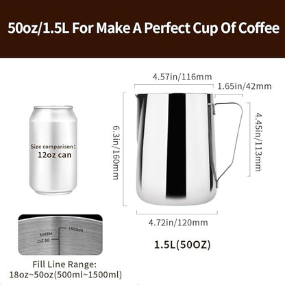 watchget Milk Frothing Pitcher 50oz/1500ml - Stainless Steel Espresso Steaming Pitcher for Cappuccino, Latte Art, Coffee Machine Accessories Milk Jug Frother Cup, Silver