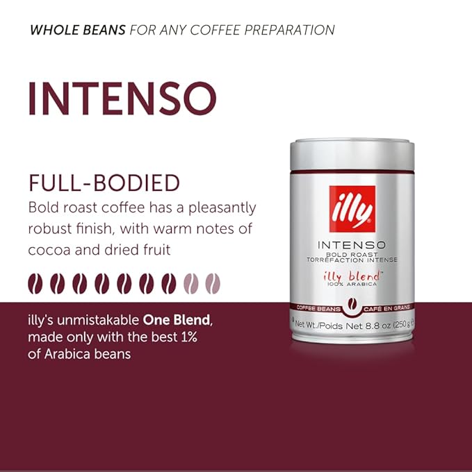 Illy Intenso Whole Bean Coffee, Dark Roast, Intense, Robust And Full Flavored With Notes Of Deep Cocoa, 100% Arabica Coffee, No Preservatives, 8.8 Ounce (Pack Of 1)