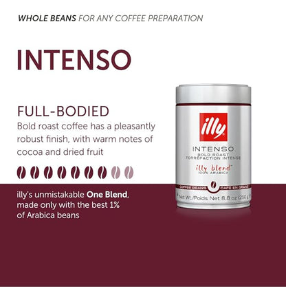 Illy Intenso Whole Bean Coffee, Dark Roast, Intense, Robust And Full Flavored With Notes Of Deep Cocoa, 100% Arabica Coffee, No Preservatives, 8.8 Ounce (Pack Of 1)