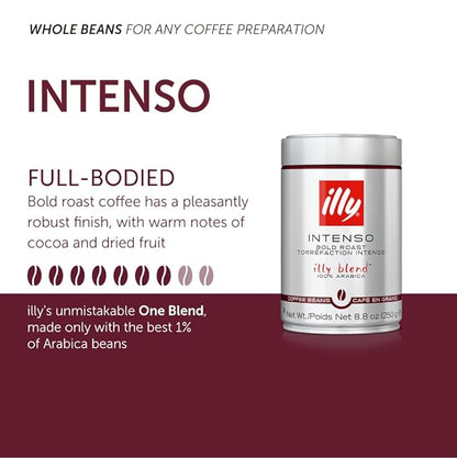 Illy Whole Bean Coffee, Intenso Bold Roast - Bold & Flavorful - 100% Arabica - Whole Beans - Pressurized Packaging Sealed for Freshness - 8.8oz can (Pack of 6)