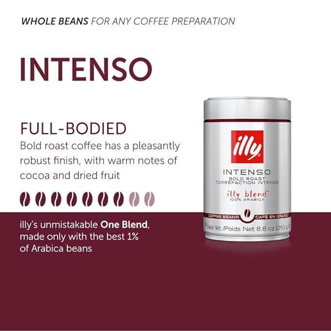 Illy Whole Bean Coffee, Intenso Bold Roast - Bold & Flavorful - 100% Arabica - Whole Beans - Pressurized Packaging Sealed for Freshness - 8.8oz can (Pack of 6)