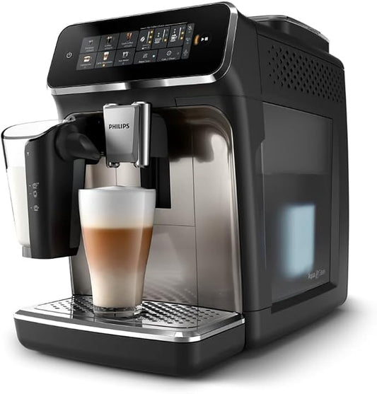 PHILIPS 3300 Series Fully Automatic Espresso Machine - LatteGo Milk System, 5 Coffee Varieties, Intuitive Touch Display, SilentBrew, 100% Ceramic Grinder, AquaClean Filter, Glossy Black (EP3341/50)