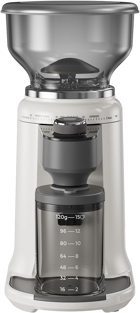 Electric Burr Coffee Been Grinder with Adjustable 24 Precise Grind Settings, 40s Digital Timer for French Press, Espresso, and Drip Pour Over, Home Use (White)