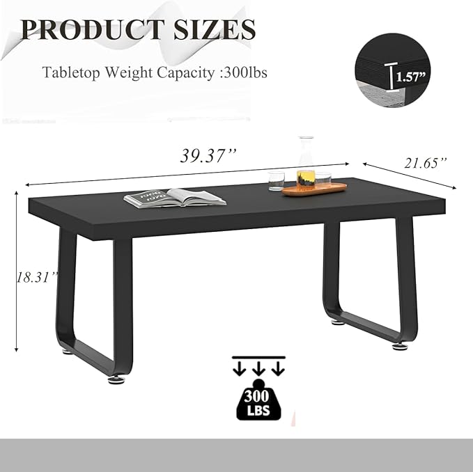 HSH Black Modern Coffee Table, Rustic Wood and Metal Center Table, Farmhouse Simple Living Room Coffee Tables, Industrial Minimalist Wooden Tea Coffee Table for Bedroom Home Office, Black Oak, 39 in