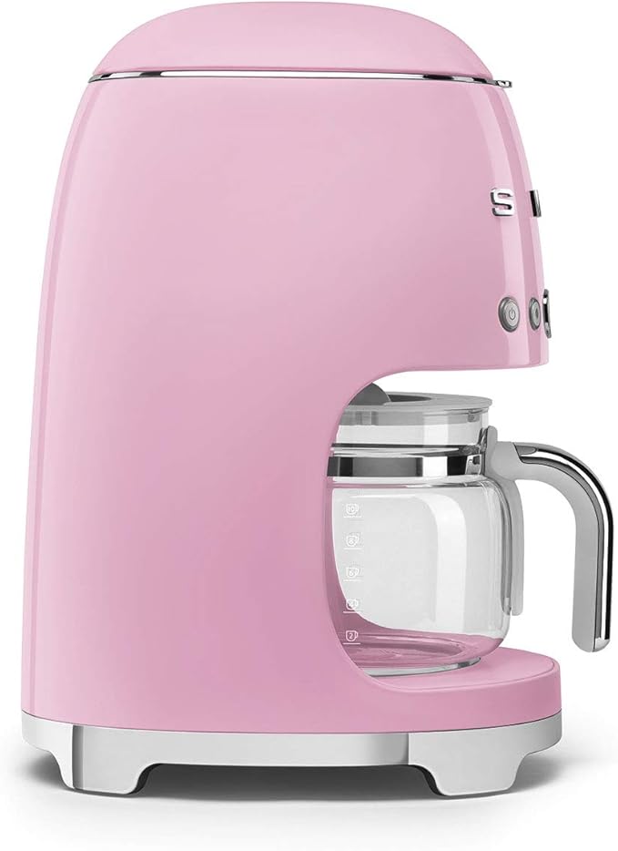 Smeg 50's Retro Style Aesthetic Drip Coffee Machine with 10 Cup Glass Carafe, Auto Start Feature, Keep Warm Plate, and Two Coffee Strength Settings (Pink)