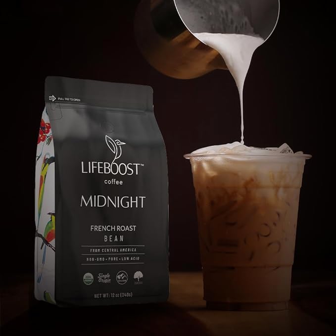 Lifeboost Midnight French Roast Coffee Beans - Single Origin Non-GMO USDA Organic Low Acid French Roast Coffee - Third Party Tested For Mycotoxins & Pesticides - 12 Ounces