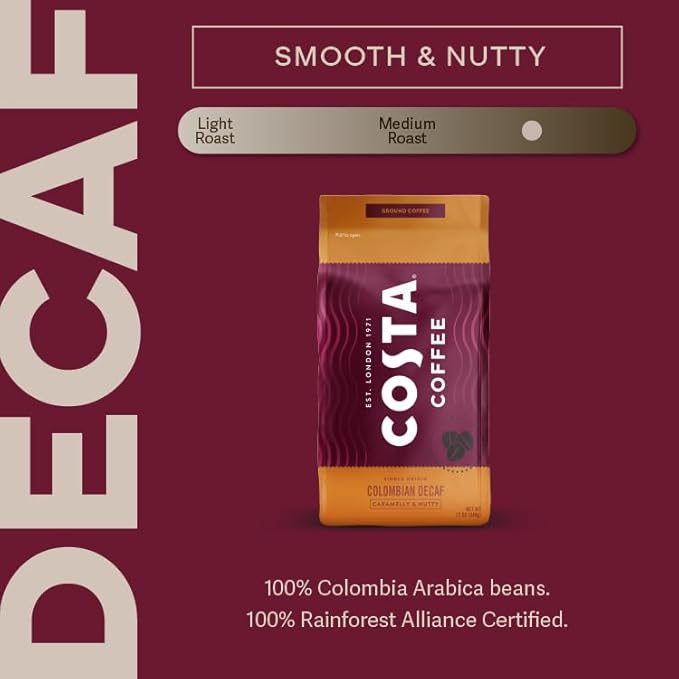 Costa Coffee Ground Coffee, Colombian Decaf Medium Roast, 12oz each, Rainforest Alliance Certified