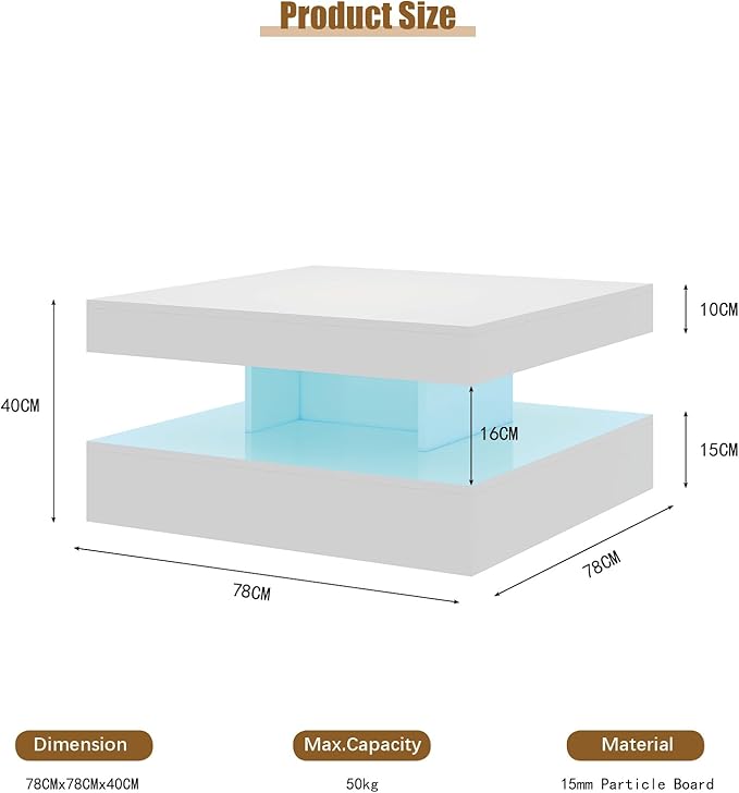 White LED Coffee Table for Living Room, 2-Tier Square Center Table Living Room Table, Modern High Glossy Contemporary Wood Coffee Tables with Storage, Suitable for Dining Reception