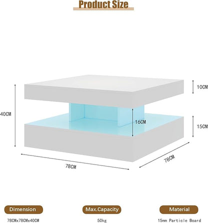 White LED Coffee Table for Living Room, 2-Tier Square Center Table Living Room Table, Modern High Glossy Contemporary Wood Coffee Tables with Storage, Suitable for Dining Reception