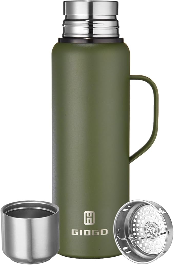 Insulated Vacuum Thermo Bottle 1000ml/33.8oz with Cup Stainless Steel Coffee Bottles for Hot and Cold Drink Water Flask.(Green, with Handle, 1000ml)