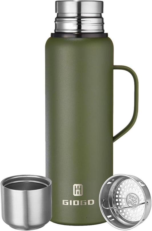 Insulated Vacuum Thermo Bottle 1000ml/33.8oz with Cup Stainless Steel Coffee Bottles for Hot and Cold Drink Water Flask.(Green, with Handle, 1000ml)