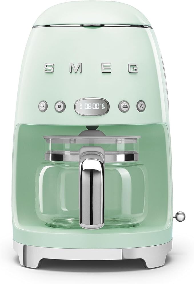 Smeg 50's Retro Style Aesthetic Drip Coffee Machine with 10 Cup Glass Carafe, Auto Start Feature, Keep Warm Plate, and Two Coffee Strength Settings (Pastel Green)