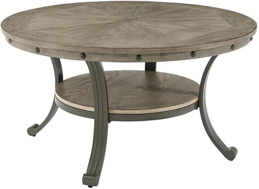 Pemberly Row Transitional Metal and Wood Round Coffee Table in Pewter