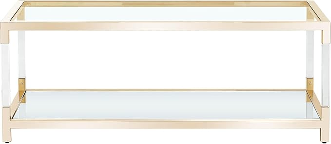 47 inch Glass Coffee Table with Gold Chrome Metal Base, 2-Tier Rectangle Clear Glass Center Table Tea Tables, Modern Coffee Table Living Room Table Cocktail Table, 47" Acrylic Center Tables