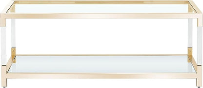 47 inch Glass Coffee Table with Gold Chrome Metal Base, 2-Tier Rectangle Clear Glass Center Table Tea Tables, Modern Coffee Table Living Room Table Cocktail Table, 47" Acrylic Center Tables