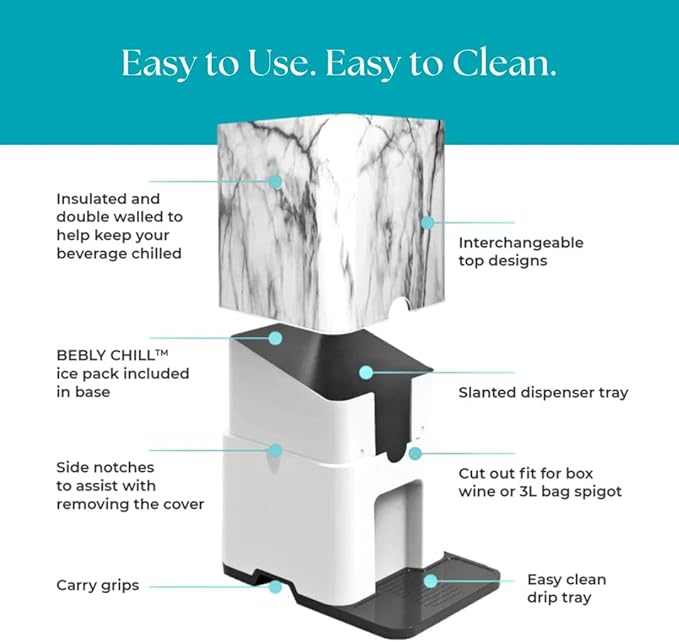 Bebly Box Drink Dispenser and Wine Dispenser | Marble Design | Insulated - No Sweating - No Watered Down Drinks - Simple - Stylish - Mess Free Beverage Dispenser | Includes Freezable, Reusable 3L Bag