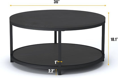 NSdirect Round Coffee Table, 36" Rustic Wooden Surface Top & Sturdy Metal Legs Industrial Sofa Table for Living Room Modern Design Home Furniture with Storage Open Shelf (Black Oak)