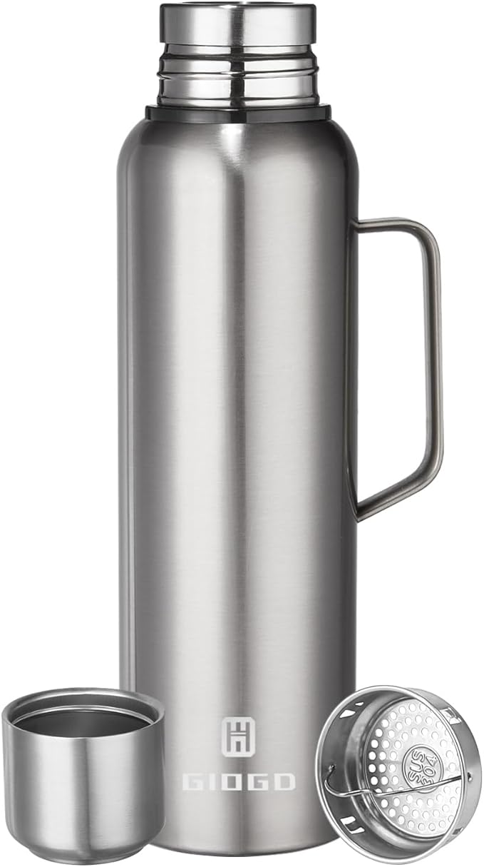 Insulated Vacuum Thermo Bottle 1500ml/50.7oz with Cup Stainless Steel Coffee Bottles for Hot and Cold Drink Water Flask.(Silver, with Handle, 1500ml)