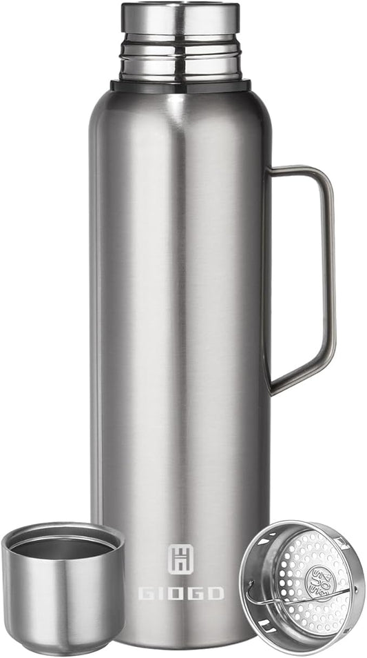 Insulated Vacuum Thermo Bottle 1500ml/50.7oz with Cup Stainless Steel Coffee Bottles for Hot and Cold Drink Water Flask.(Silver, with Handle, 1500ml)