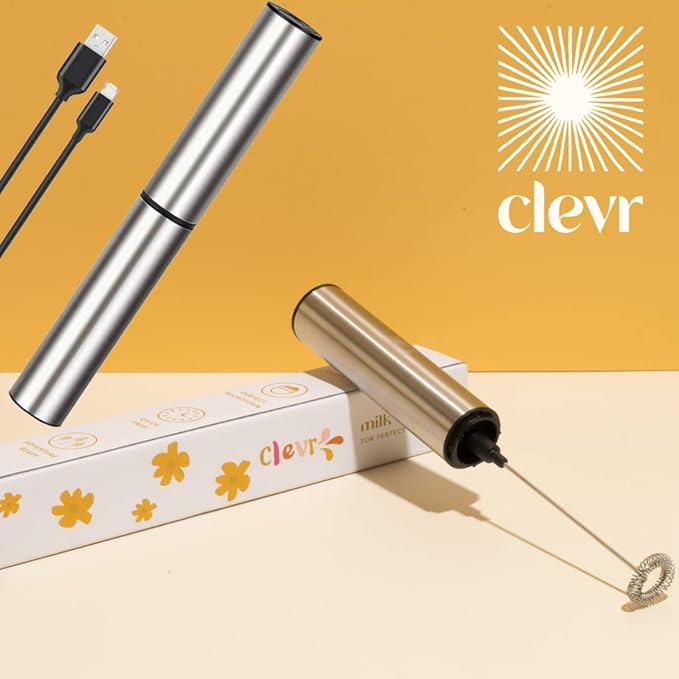 Clevr Blends Milk Frother, Hand Stirrer for Coffee, Matcha, Hot Chocolate, Protein Shake, Latte, Tea, Stainless Steel Rechargeable Handheld Whisk, Fast and Easy Frothing Wand, No Battery Needed