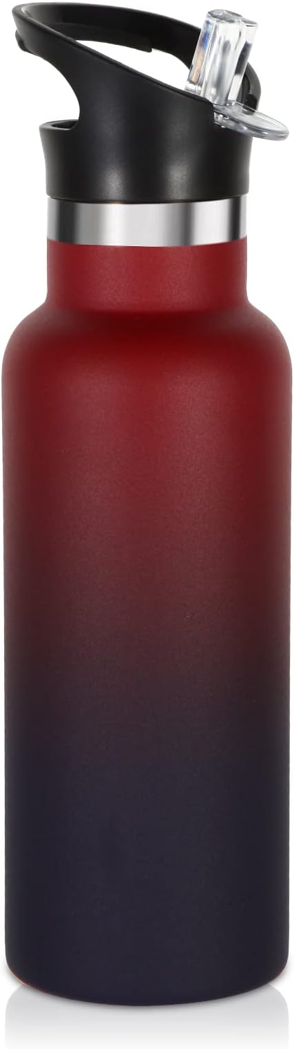Volhoply 17oz Kids Insulated Water Bottle,Stainless Steel Water Bottles with Straw Lid,Double Wall Vacuum Metal Cups Water Bottle,Reusable Sports School Water Flask Keep Cold(Red Purple,1 Set)