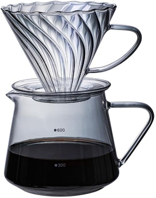 Pour Over Coffee Maker Set, 600ML Glass Carafe Coffee Server with Dripper Set, V60 Glass Coffee Filter for Home Office Gift, 1-4 Cups (Grey)