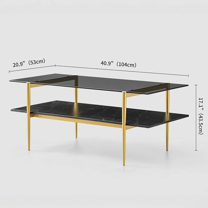 Rectangle Coffee Table for Living Room, Mid-Century Modern Design, L41 x W21 x H17, 2-Tier Structure, Clear Glass Top and Black Marble Wood Shelf, Conical Metal Legs with Gold Finish