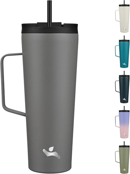 Insulated Tumbler with Handle and Straw, 26 OZ Travel Coffee Mug Stainless Steel Cup Metal Water Bottle,Grey