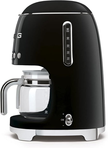 Smeg 50's Retro Style Aesthetic Drip Coffee Machine with 10 Cup Glass Carafe, Auto Start Feature, Keep Warm Plate, and Two Coffee Strength Settings (Black)