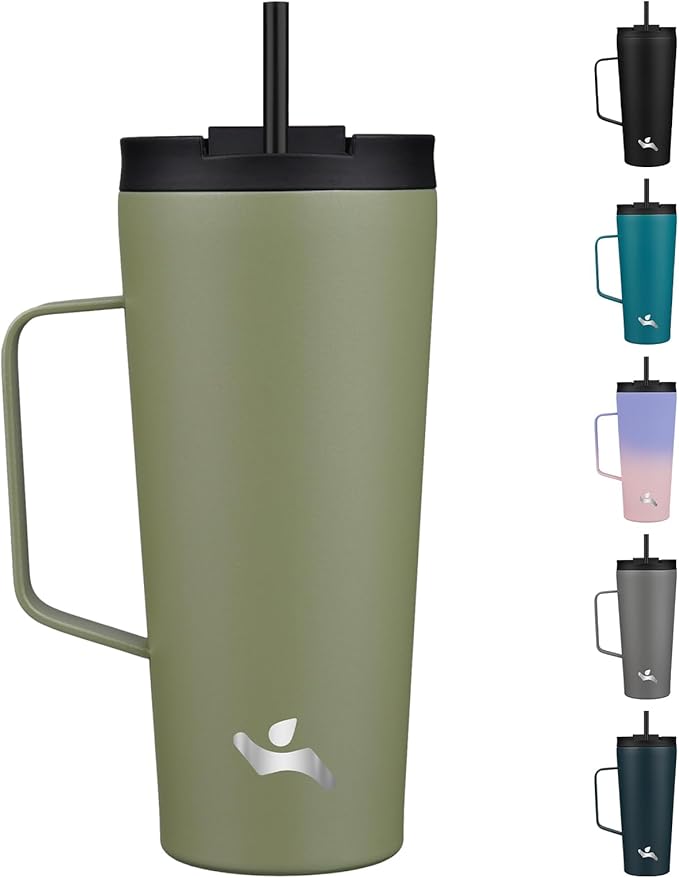 Insulated Tumbler with Handle and Straw, 22 OZ Travel Coffee Mug Stainless Steel Cup Metal Water Bottle,Camp Green