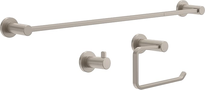 Franklin Brass Kildare 3-Piece Bathroom Set Satin Nickel 18" + 6" Towel Rack, Toilet Paper Holder/Hand Towel Holder, Hook | 3-Piece Bath Hardware Accessories Set KLD63-SN